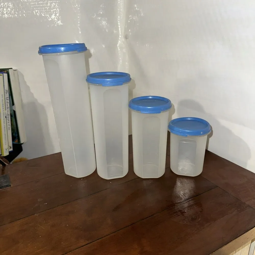4 Tupperware Sheer Modular Mate w/ Blue Lid Round 1606 1641 1643 1661 Retro